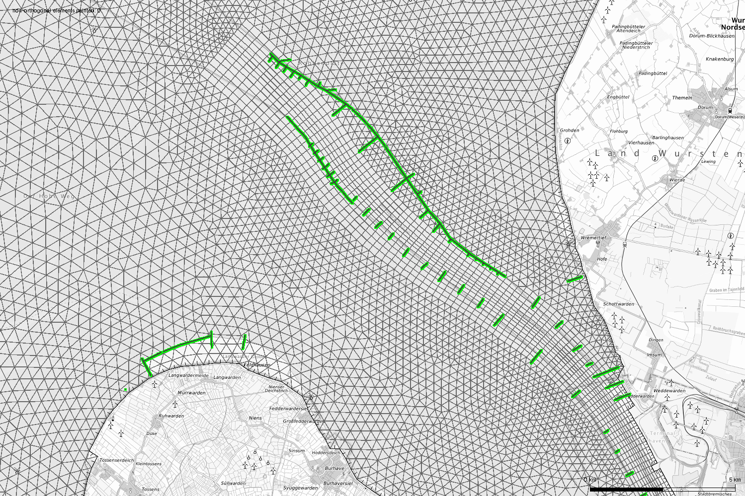Modellgitter mit Bauwerken: Weser; WebAtlasDE - Graustufen: © GeoBasis-DE / BKG 2018 