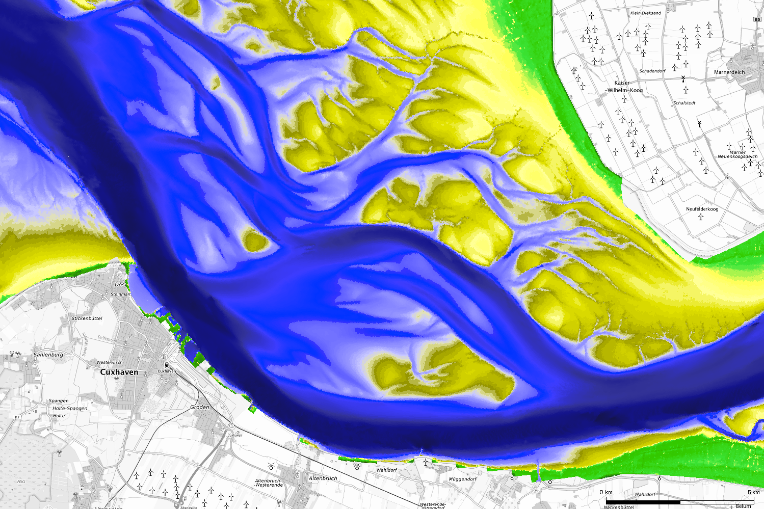 Bathymetrie 2010 vom Elbeästuar; WebAtlasDE - Graustufen: © GeoBasis-DE / BKG 2018